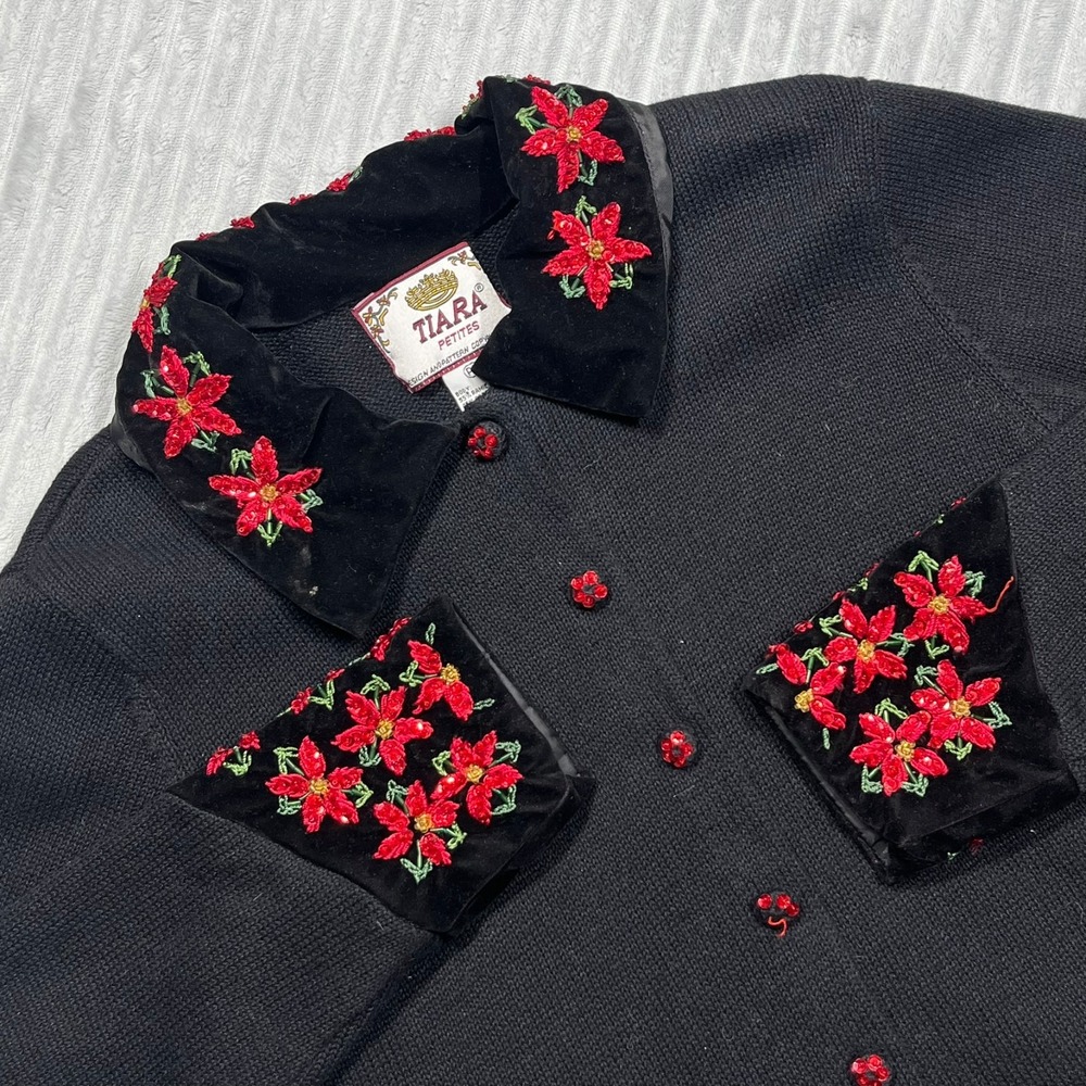 Tiara Ugly Christmas‎ Cardigan Sweater Women's PS Poinsettia Sequin Beads Velvet
